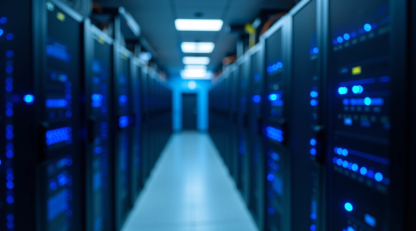 Modern server room with rows of computing equipment and blue LED lighting, representing federated learning infrastructure